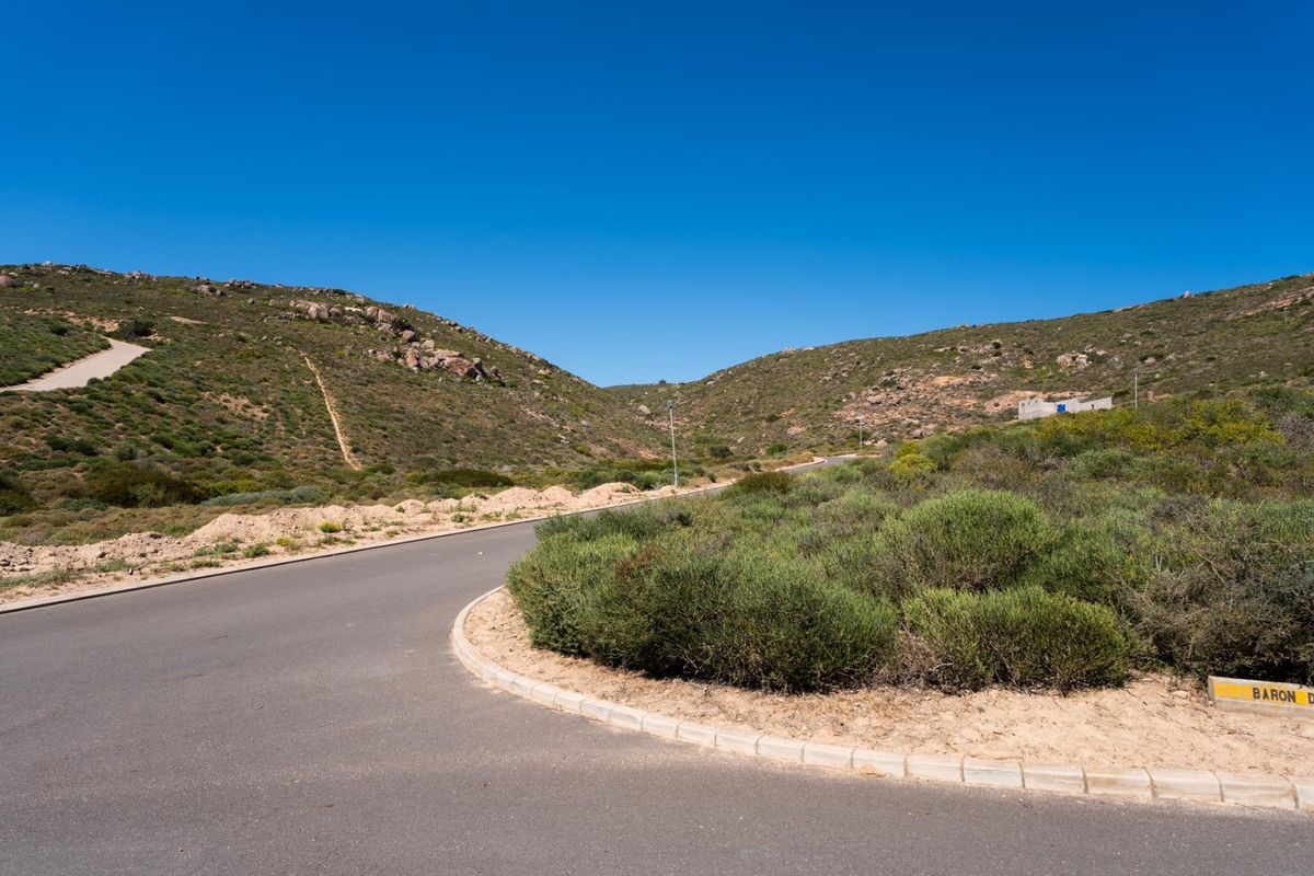 A view of a paved residential street winding through a natural, hilly landscape with native vegetation.