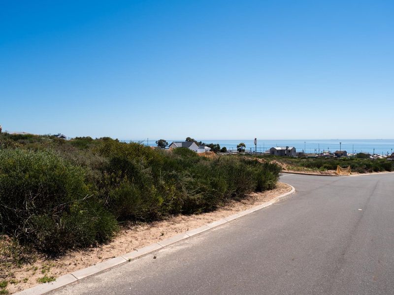 A street-level view of a vacant residential plot featuring coastal vegetation, paved road access, and distant ocean views.