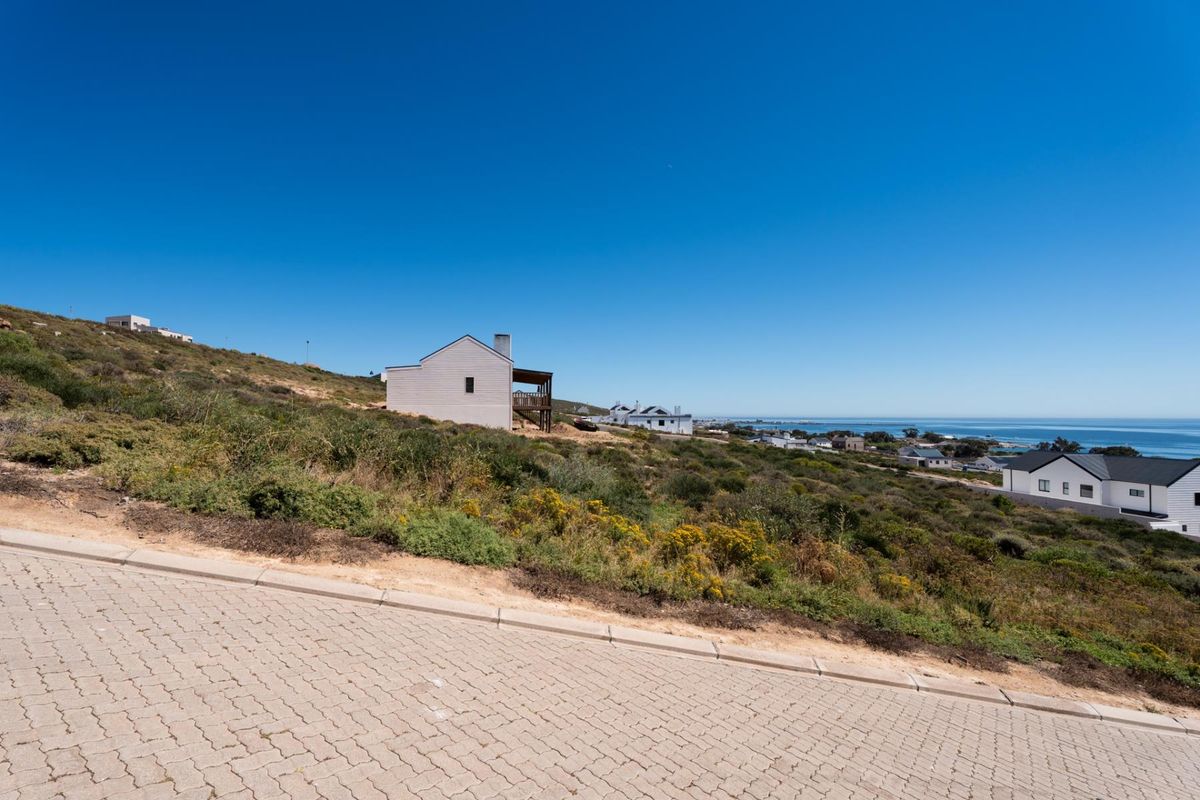 A scenic view of the coastal landscape and surrounding residential properties from an elevated paved street position.