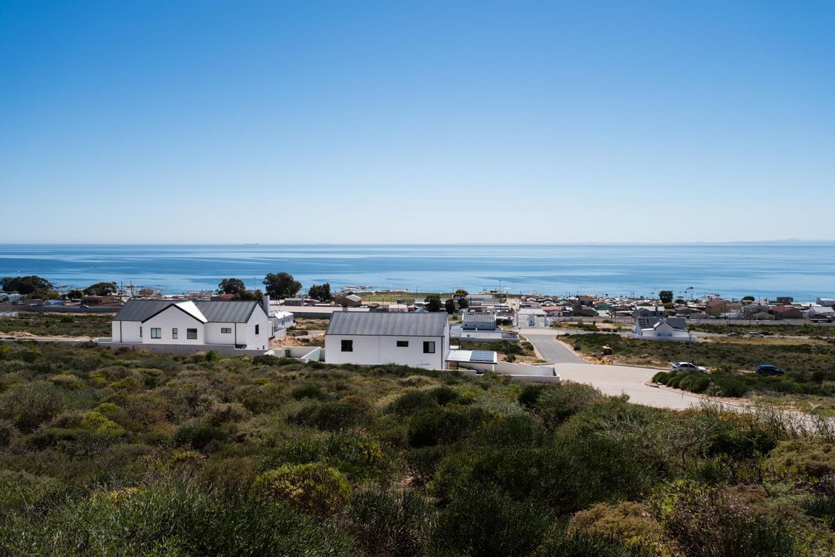 An elevated aerial view of a coastal residential area featuring modern homes, natural vegetation, and expansive ocean views.