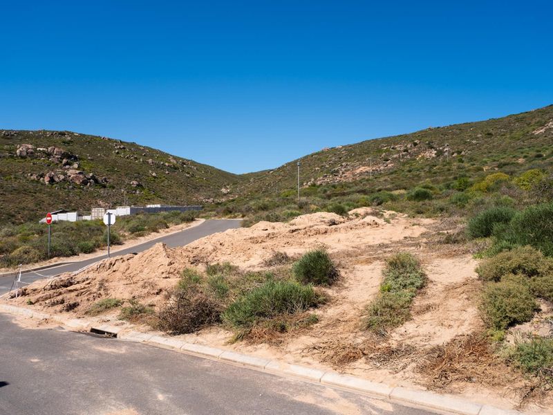 A vacant residential plot situated on a paved road with established concrete curbing and natural hillside surroundings.