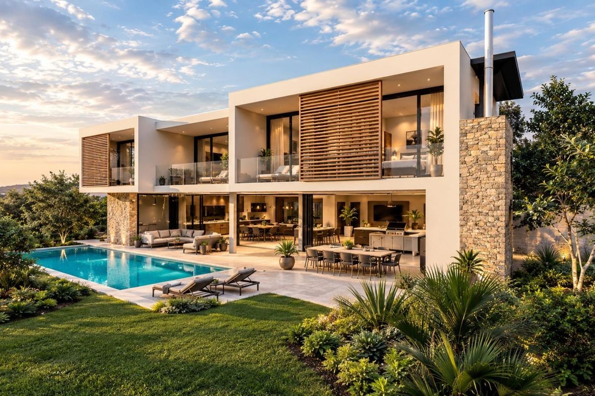 A modern luxury residence featuring a swimming pool, expansive covered patio with outdoor kitchen, and landscaped garden, showcasing high-end architectural finishes.
