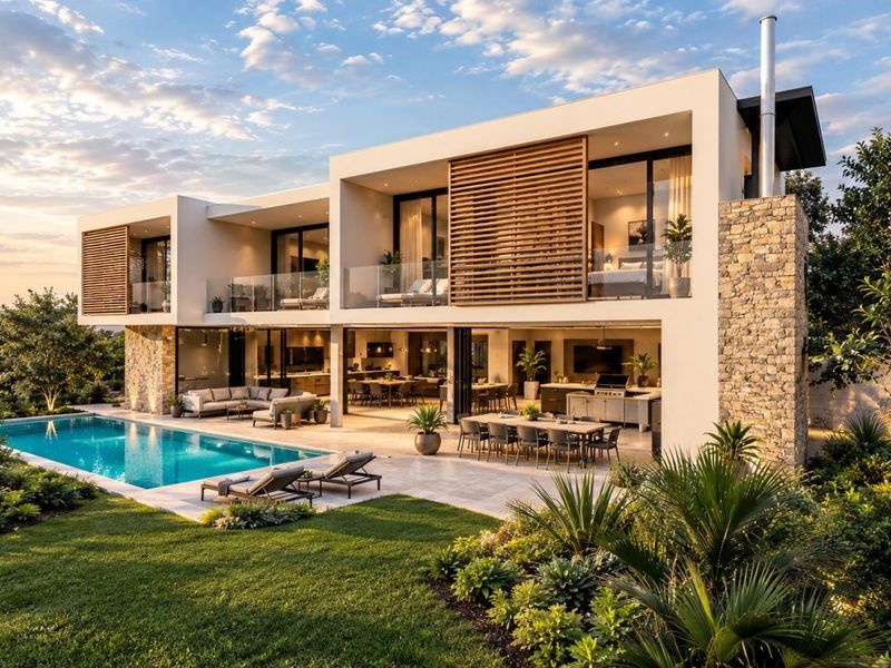 A modern luxury residence featuring a swimming pool, expansive covered patio with outdoor kitchen, and landscaped garden, showcasing high-end architectural finishes.