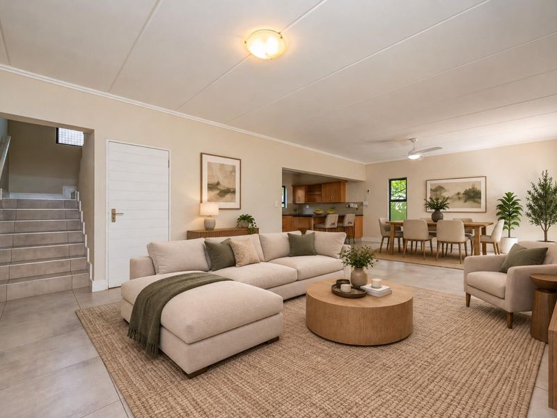 Spacious open-plan living and dining area featuring tiled floors, a central staircase, and a functional kitchen with breakfast bar seating.