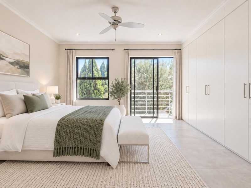 Spacious bedroom featuring extensive built-in cupboards, tiled flooring, a ceiling fan, and direct access to a private balcony through sliding glass doors.