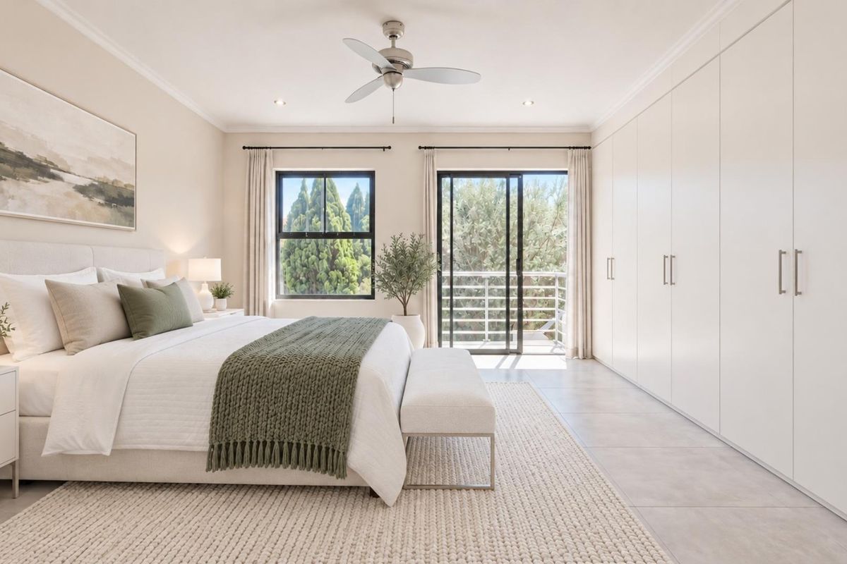 Spacious bedroom featuring extensive built-in cupboards, tiled flooring, a ceiling fan, and direct access to a private balcony through sliding glass doors.
