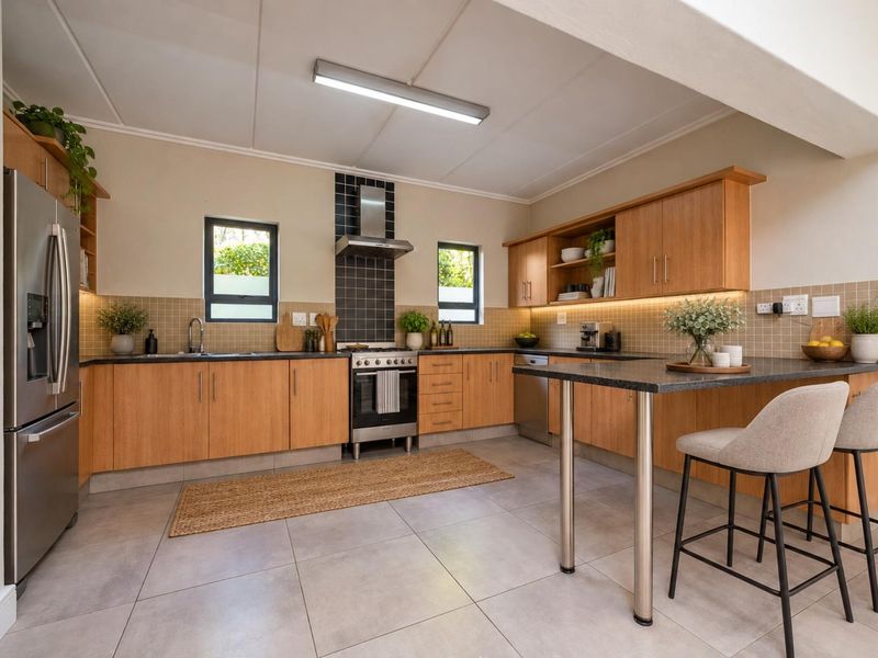 Modern kitchen featuring light wood cabinetry, granite countertops, tiled backsplash, integrated lighting, and a functional breakfast bar area with tiled flooring.