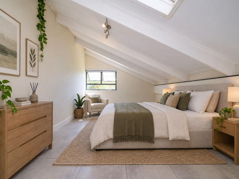 A bright and airy bedroom featuring a vaulted ceiling with exposed rafters, a large skylight, and neutral tiled flooring.