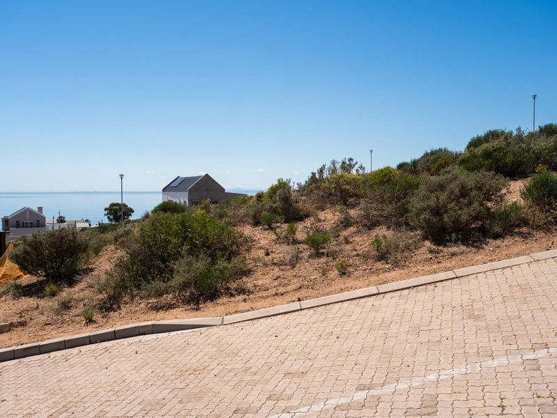 A view of a vacant residential plot featuring a paved driveway, natural vegetation, and distant ocean views.
