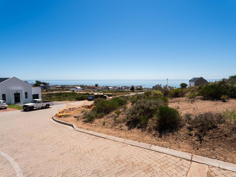A scenic view overlooking a residential coastal area with a paved driveway and natural landscape in the foreground.