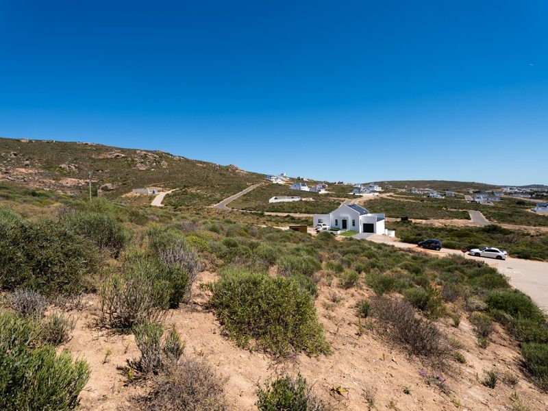 An elevated view of a vacant residential plot featuring natural coastal vegetation and access to a paved road in a quiet neighborhood.