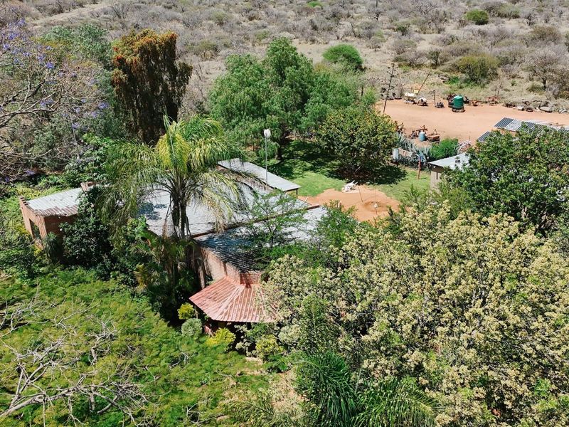 Aerial view of a farm property featuring a brick dwelling with a corrugated metal roof, surrounded by mature trees and established garden areas.