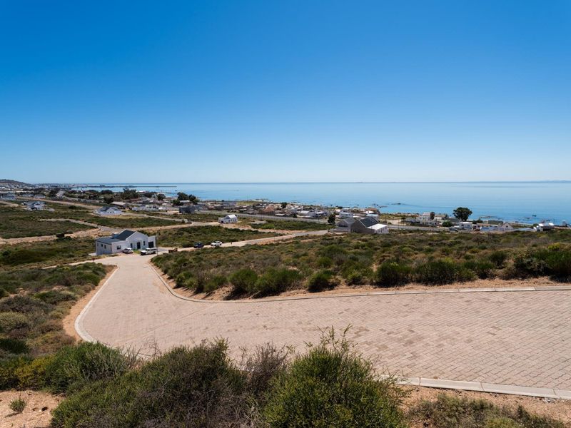 Elevated view overlooking a coastal residential area with a paved driveway in the foreground and expansive ocean views.