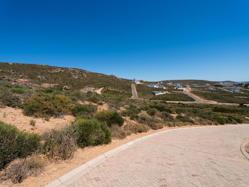 A view of a paved residential street winding through a vacant land development with surrounding natural landscape and distant housing.