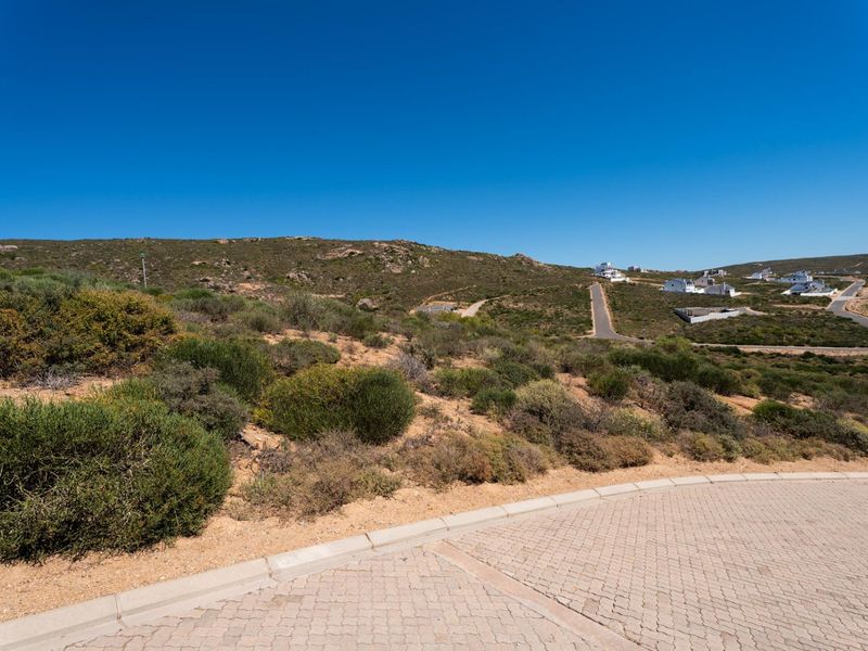 A view of the vacant residential land featuring natural coastal vegetation, paved road access, and surrounding hillside landscape.