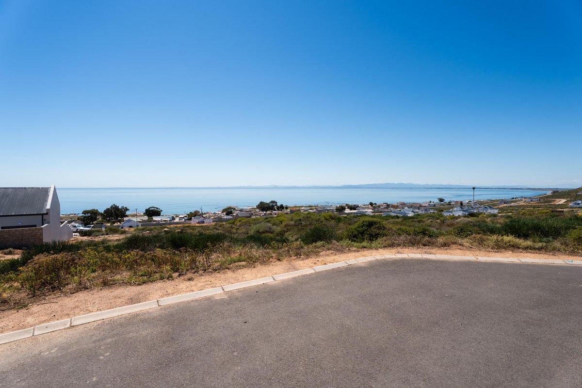 A clear, elevated view of the coastline and surrounding residential area from a paved road.