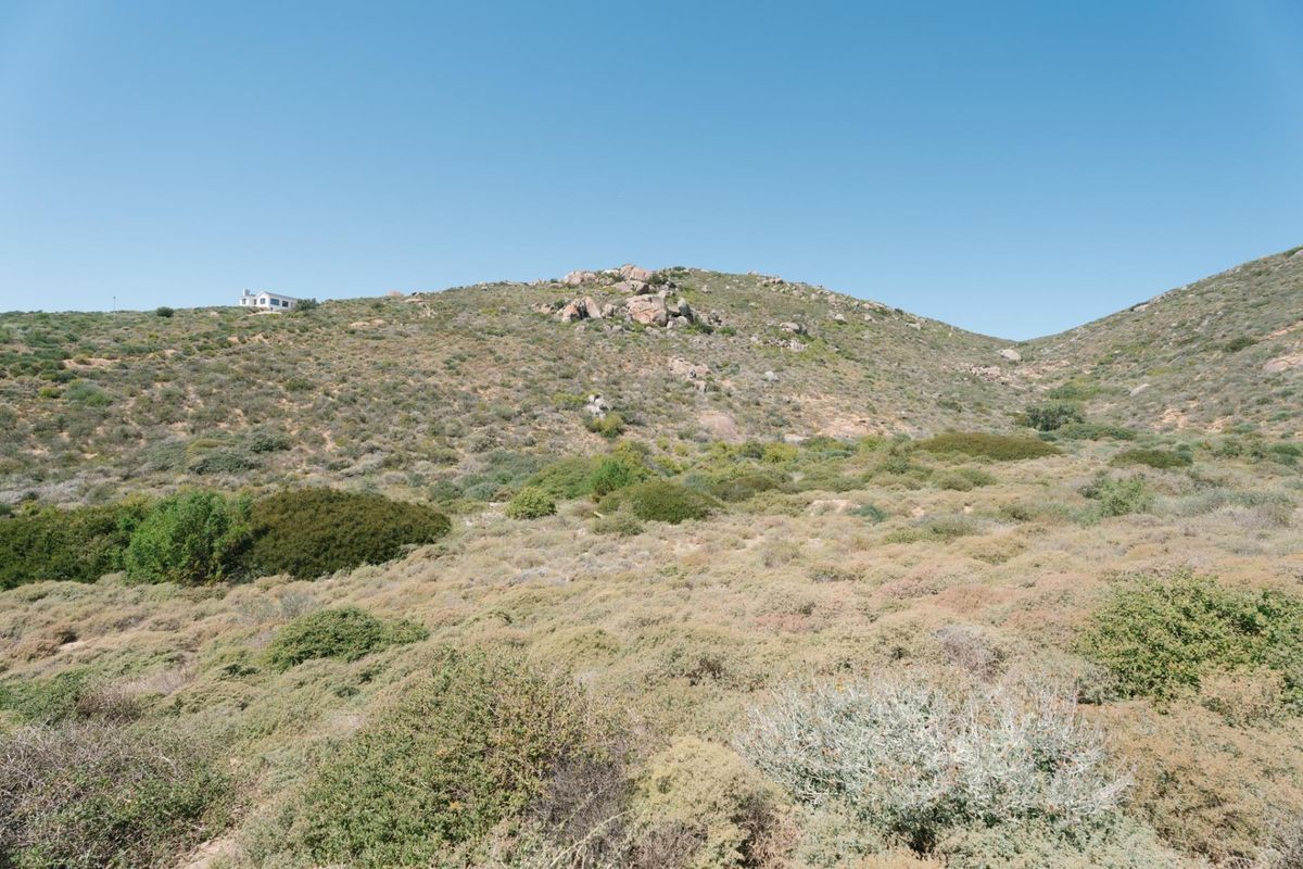 A scenic view of the natural landscape featuring rolling hills, rock formations, and indigenous vegetation under a clear blue sky.