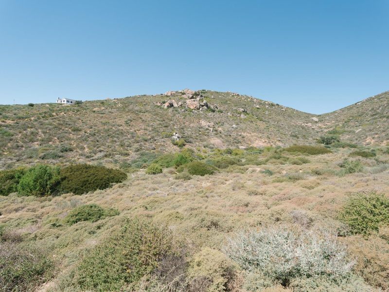 A scenic view of the natural landscape featuring rolling hills, rock formations, and indigenous vegetation under a clear blue sky.