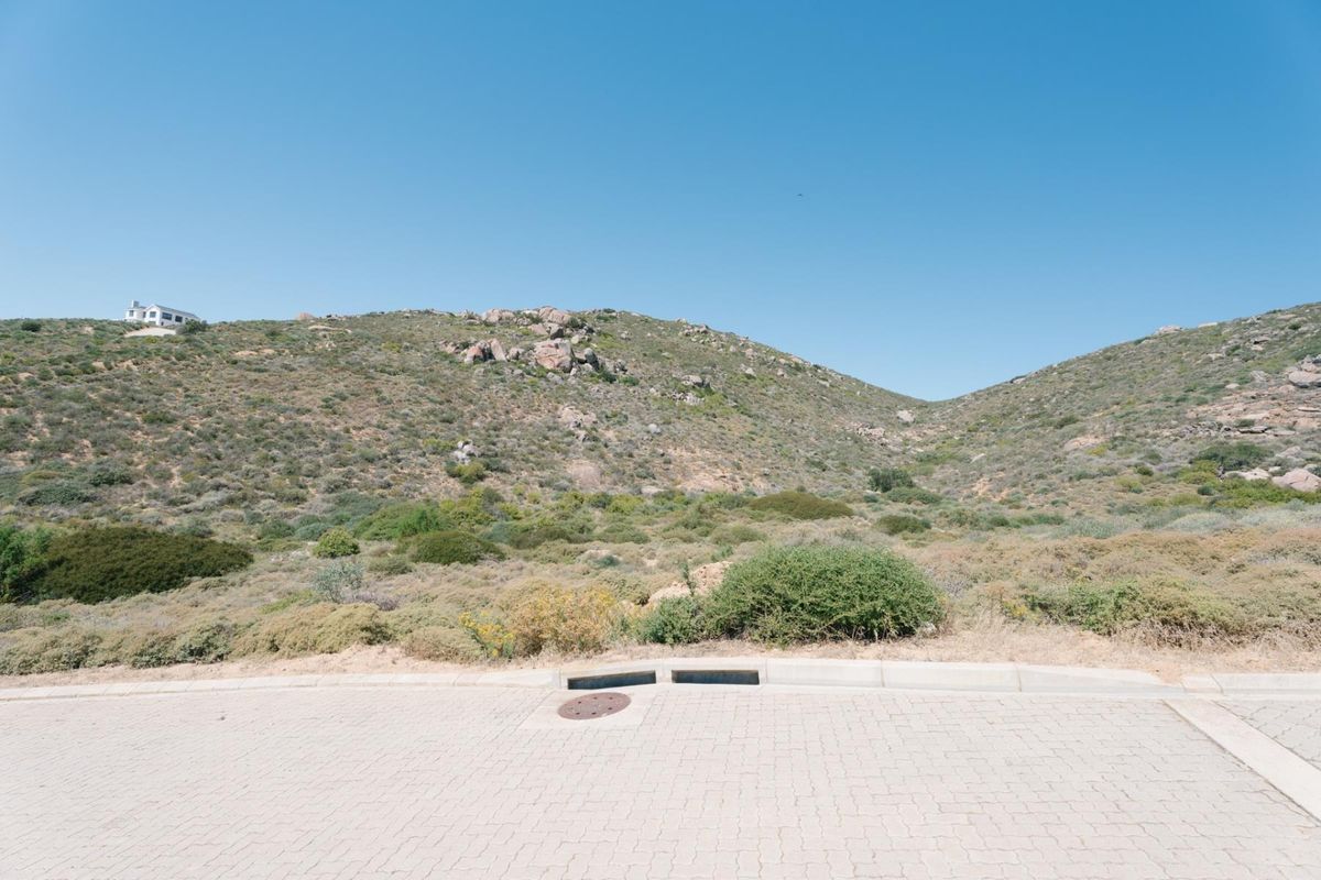 A view of the paved street frontage and stormwater infrastructure, looking out towards the natural hillside landscape.
