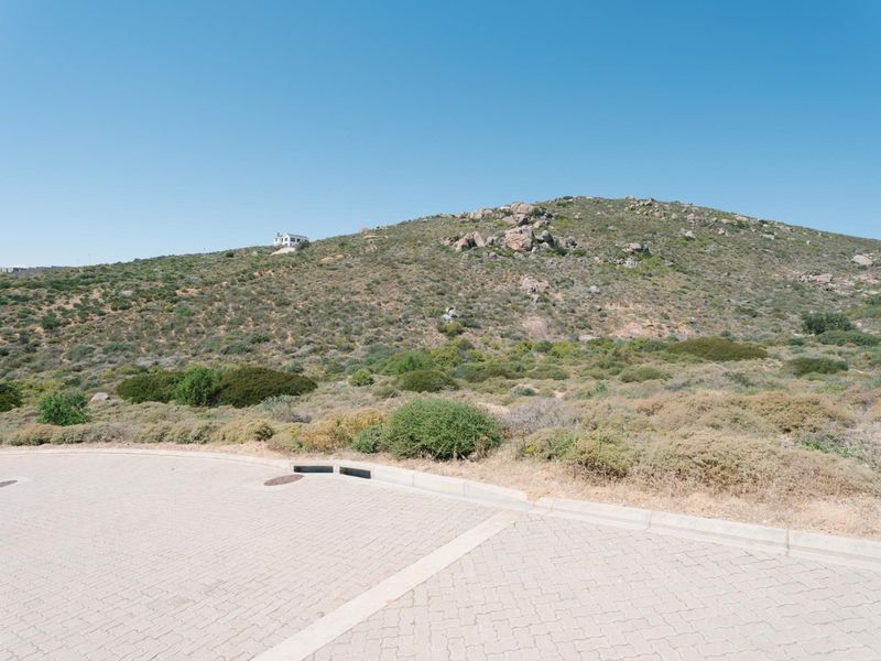 A view of the paved street frontage and stormwater infrastructure leading towards the natural hillside landscape of the vacant residential land.