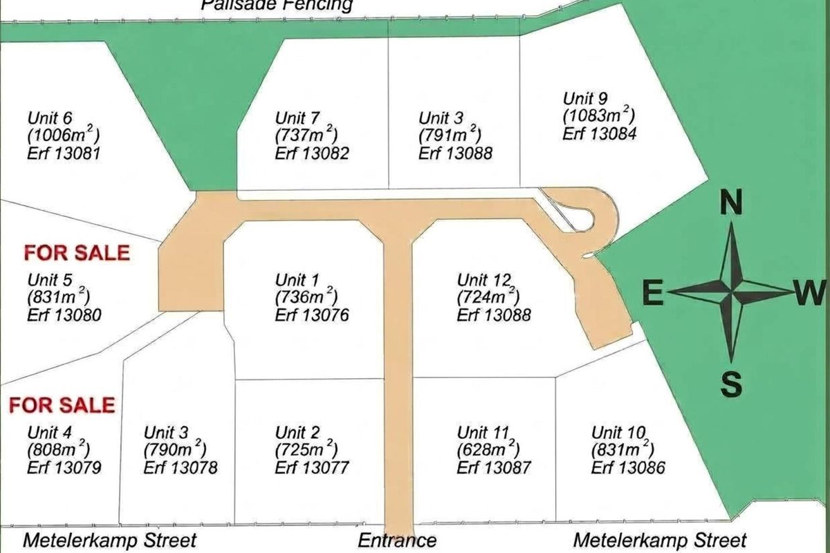 A site layout plan showing multiple residential land units with access from Metelerkamp Street and perimeter palisade fencing.