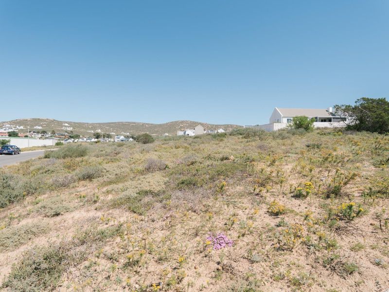 A vacant residential plot featuring natural coastal vegetation with direct access to a paved street and surrounding neighborhood views.