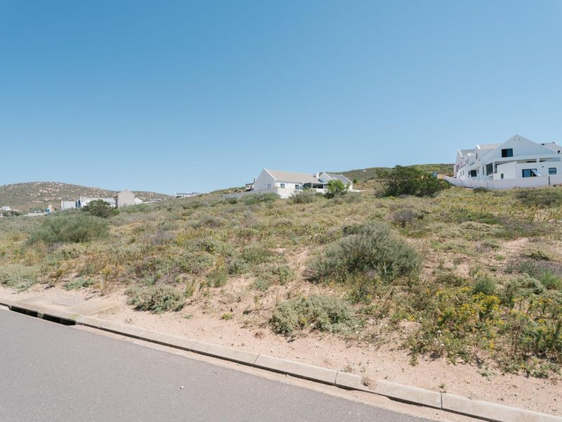 A vacant residential plot featuring natural coastal vegetation, situated along a paved road with established curb and drainage infrastructure.