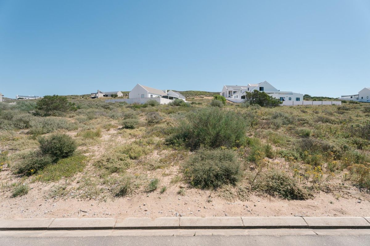 A vacant residential plot featuring natural coastal vegetation, situated along a paved road with established neighboring homes in the background.