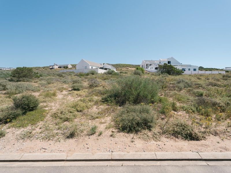 A vacant residential plot featuring natural coastal vegetation, situated along a paved road with established neighboring homes in the background.