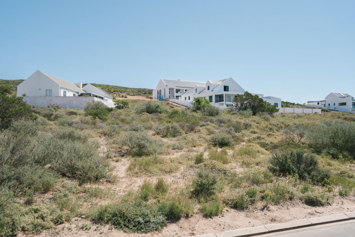A view of a vacant residential plot featuring native vegetation, with established white houses visible in the background.