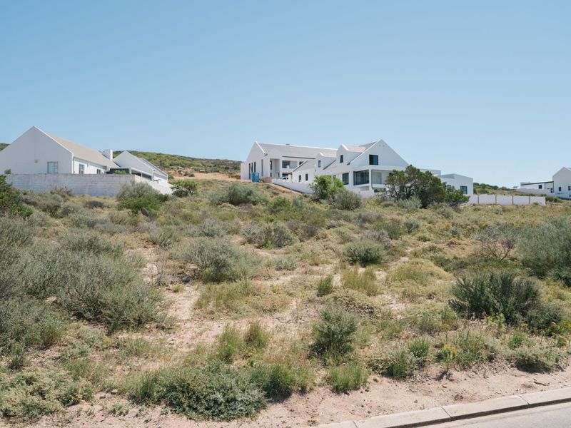 A view of a vacant residential plot featuring native vegetation, with established white houses visible in the background.