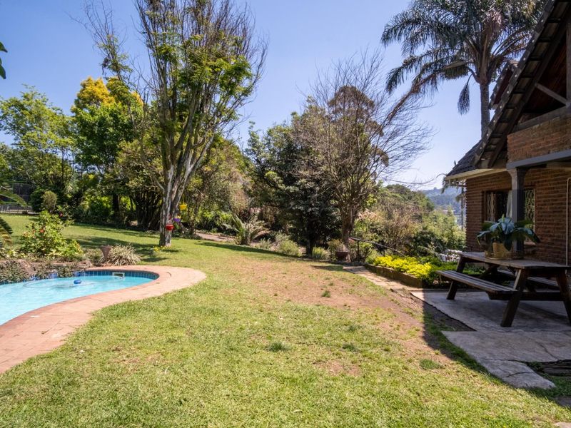 Rear garden area featuring a swimming pool, paved patio space, and established trees, providing a private outdoor setting.