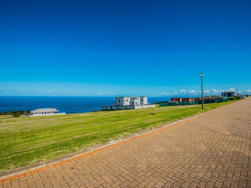 A scenic view of the coastal landscape featuring a paved road, street lighting, and open green space overlooking the ocean.