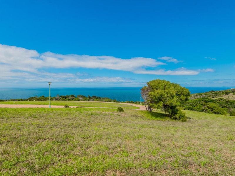 A scenic view of the ocean from a vacant residential plot, featuring natural grass landscape and a clear horizon.