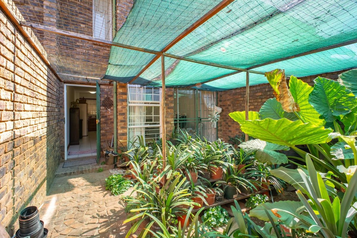 A rear courtyard area featuring brick walls, paved flooring, and a shade cloth structure, providing a private outdoor space with direct access to the home.