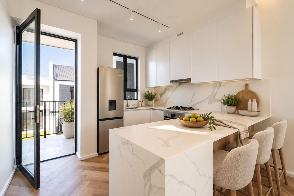 Modern kitchen featuring marble-look stone countertops, built-in appliances, and herringbone wood flooring, with direct access to a private balcony.