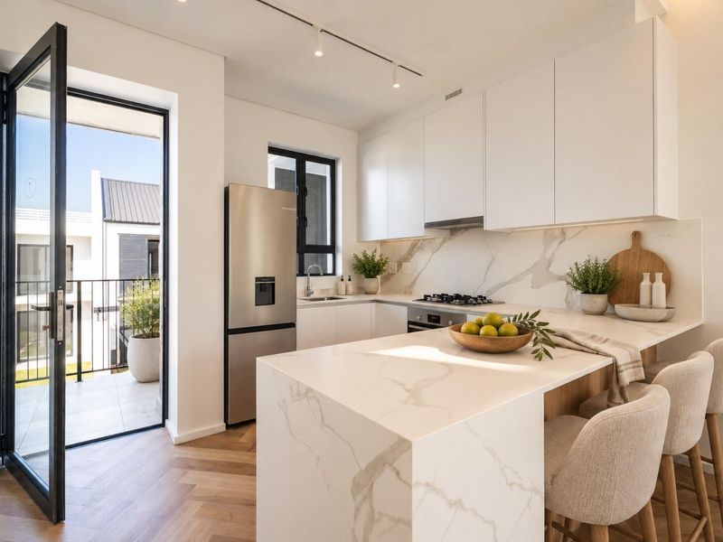 Modern kitchen featuring marble-look stone countertops, built-in appliances, and herringbone wood flooring, with direct access to a private balcony.