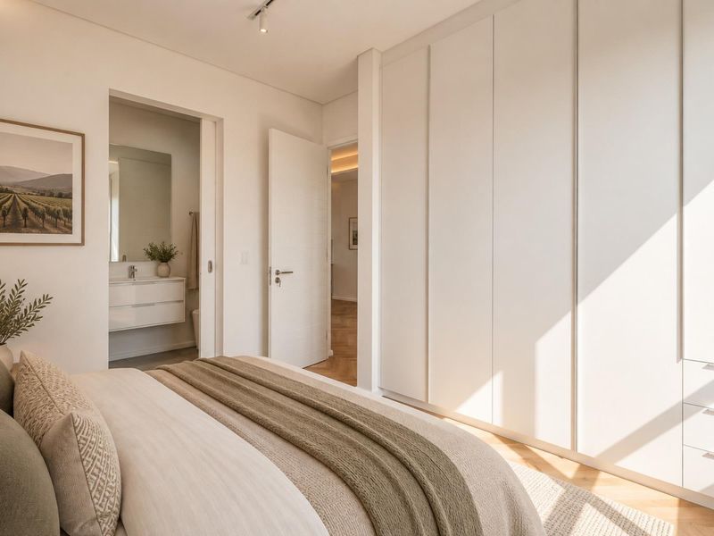 Modern bedroom featuring extensive built-in cupboards, hardwood flooring, and an adjoining en-suite bathroom with a floating vanity.