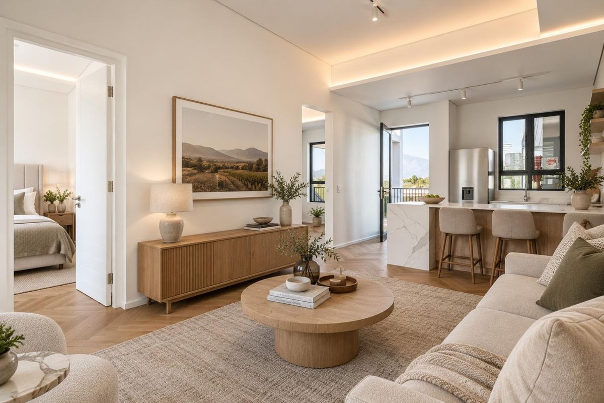 A modern open-plan living and kitchen area featuring elegant herringbone timber flooring, a marble-topped island, and sophisticated recessed and track lighting throughout.