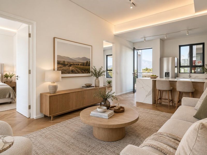 A modern open-plan living and kitchen area featuring elegant herringbone timber flooring, a marble-topped island, and sophisticated recessed and track lighting throughout.