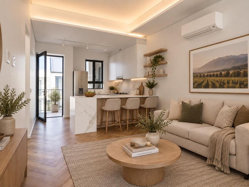 Modern open-plan living area featuring herringbone timber flooring, a sleek kitchen with marble-look island, recessed lighting, and a wall-mounted air conditioning unit.