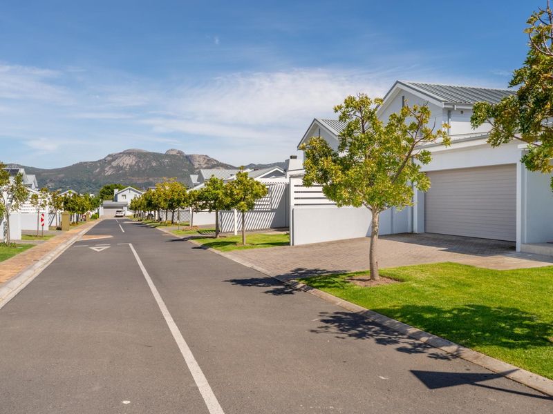 A well-maintained residential street view within a townhouse complex, featuring paved driveways, neat landscaping, and mountain views in the background.