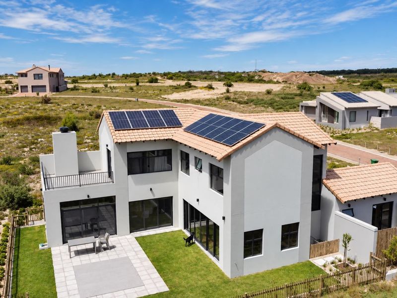Aerial view of a modern two-story house featuring a tiled roof with solar panels, a paved patio area, and a landscaped garden.