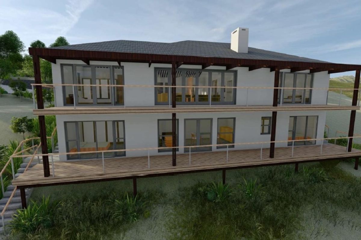 A 3D architectural rendering of a double-story residential property featuring extensive timber balconies, large glass sliding doors, and a pitched roof design.