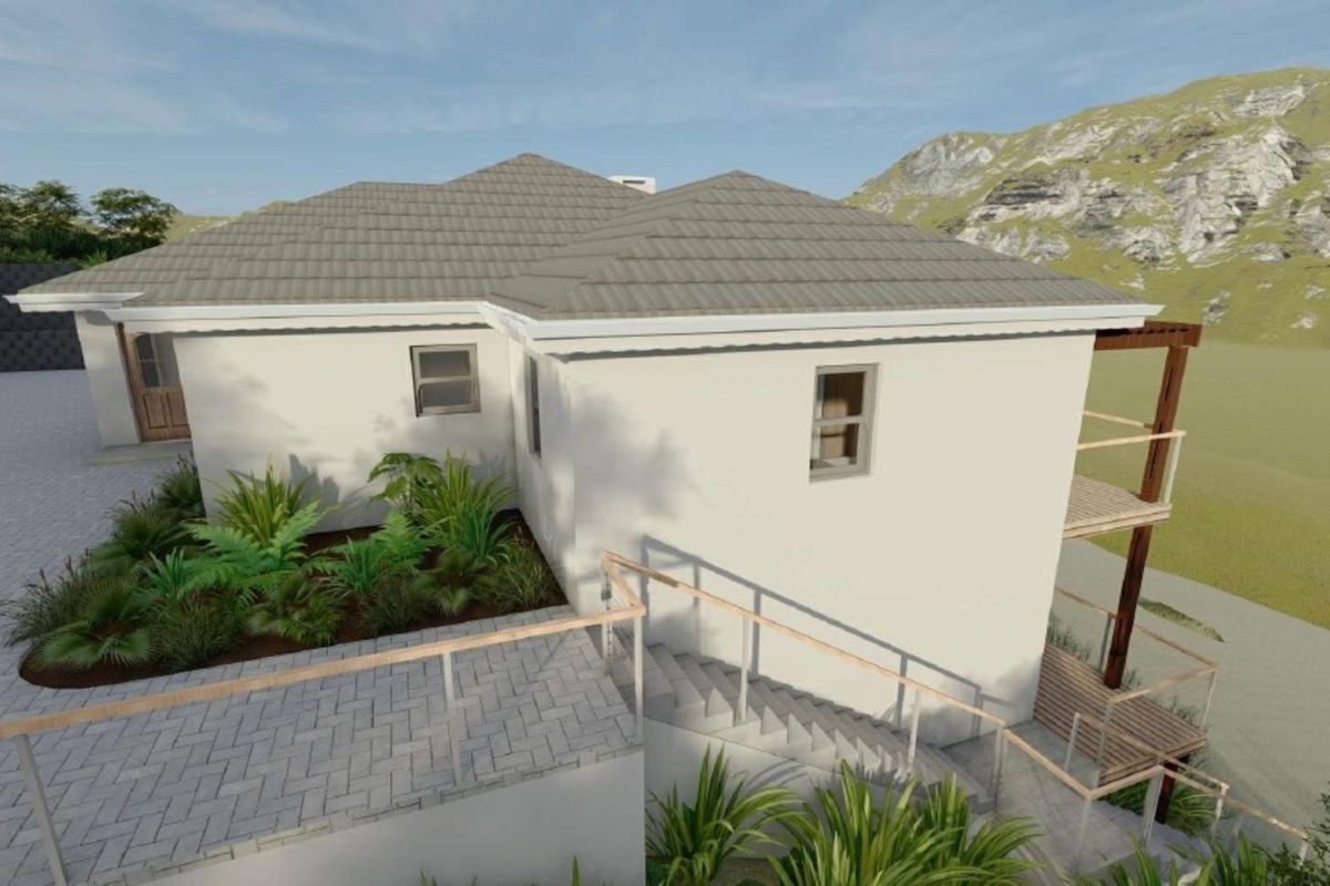 A 3D architectural rendering of the rear exterior, featuring a tiled roof, paved terrace, and timber balcony overlooking a scenic landscape.