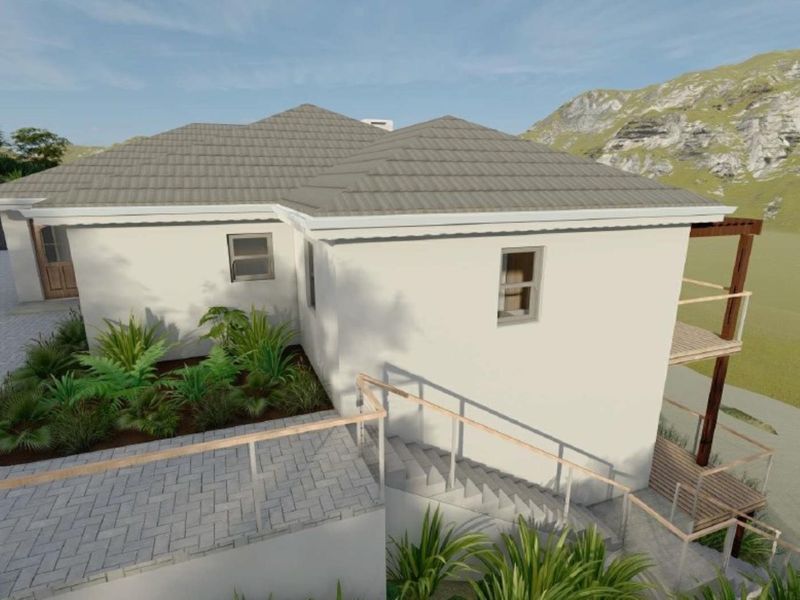 A 3D architectural rendering of the rear exterior, featuring a tiled roof, paved terrace, and timber balcony overlooking a scenic landscape.