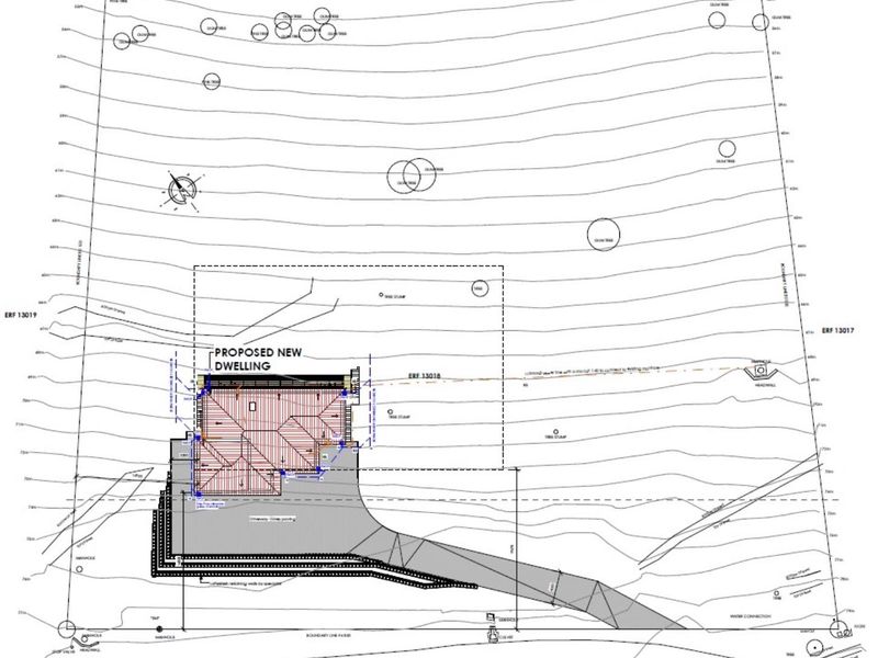 A detailed site plan and topographical survey for a residential property, illustrating the proposed dwelling footprint, site contours, and infrastructure connections.