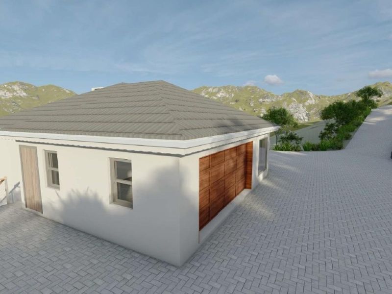 A 3D architectural rendering of a residential property featuring a tiled roof, garage, and paved driveway set against a mountainous landscape.