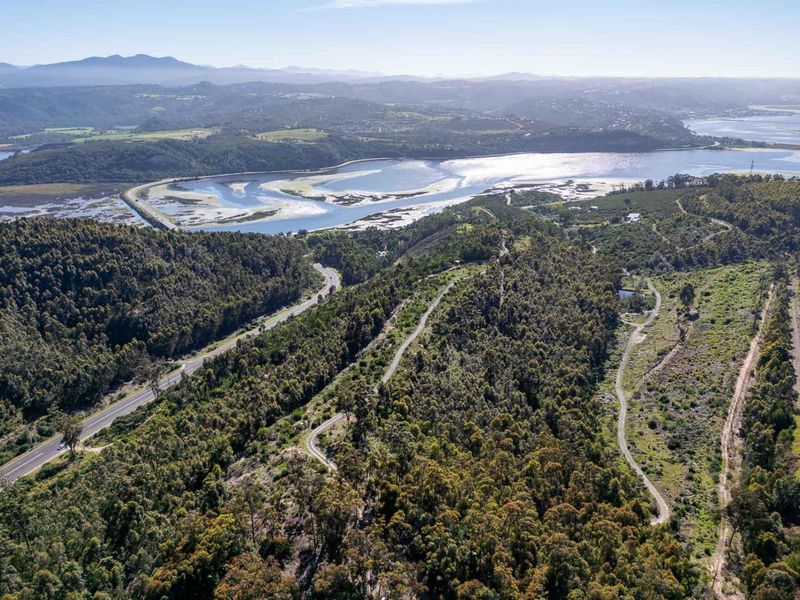 An expansive aerial view of the farm property, showcasing the surrounding natural landscape, forest, and proximity to the nearby estuary and road network.