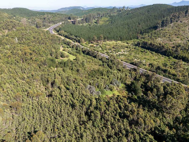 An aerial view of the expansive farm property featuring dense forestation and a winding paved road through the landscape.
